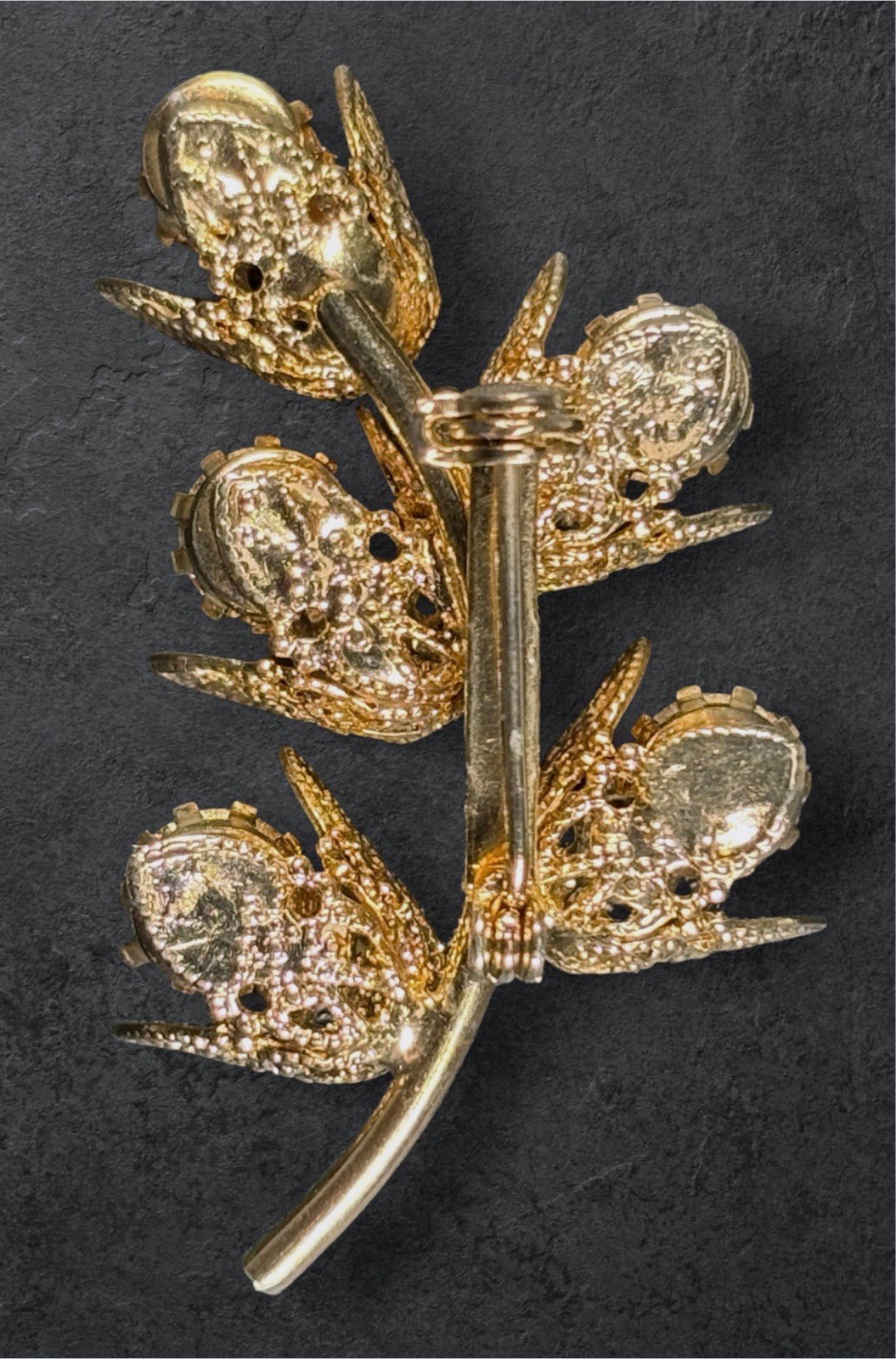 Vintage Gold Tone Filigree Flower Brooch Lavender Rhinestone Pin Unsigned