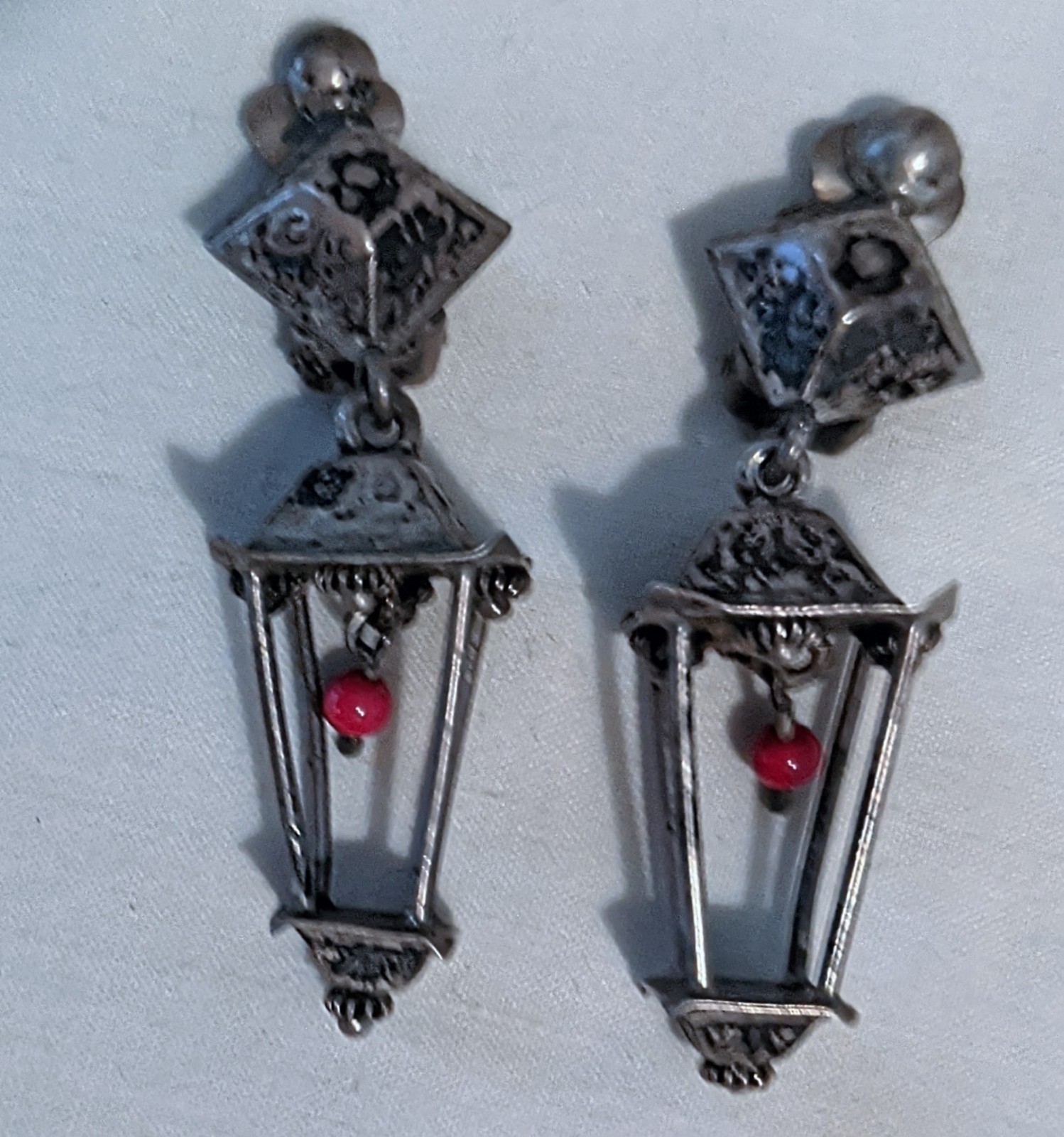 Vintage Artisan 3 D Lantern Dangle Earrings Clip-on Acid Tested For Silver
