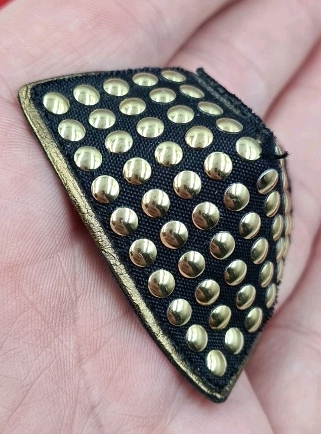 Vintage BLUETTE Black Gold Studded Fabric Faux Leather Large Clip-On Earrings