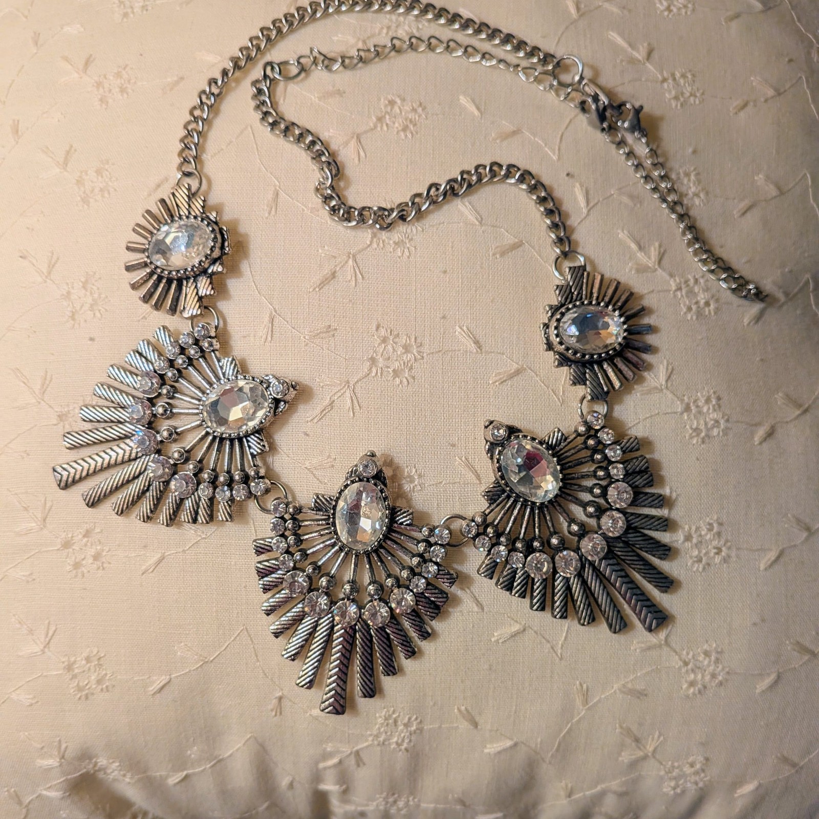 Bib Style Statement Necklace – Silver Tone with Rhinestones NK18