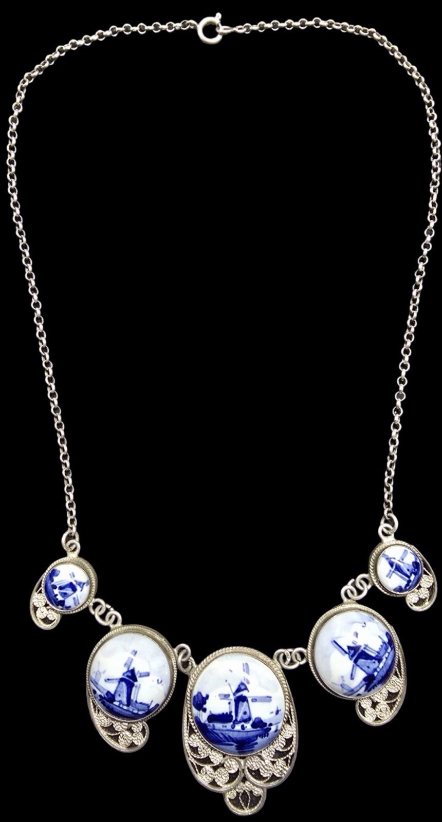 Sterling Silver Porcelain Vintage Delft Blue Ceramic Dutch Jewelry Set