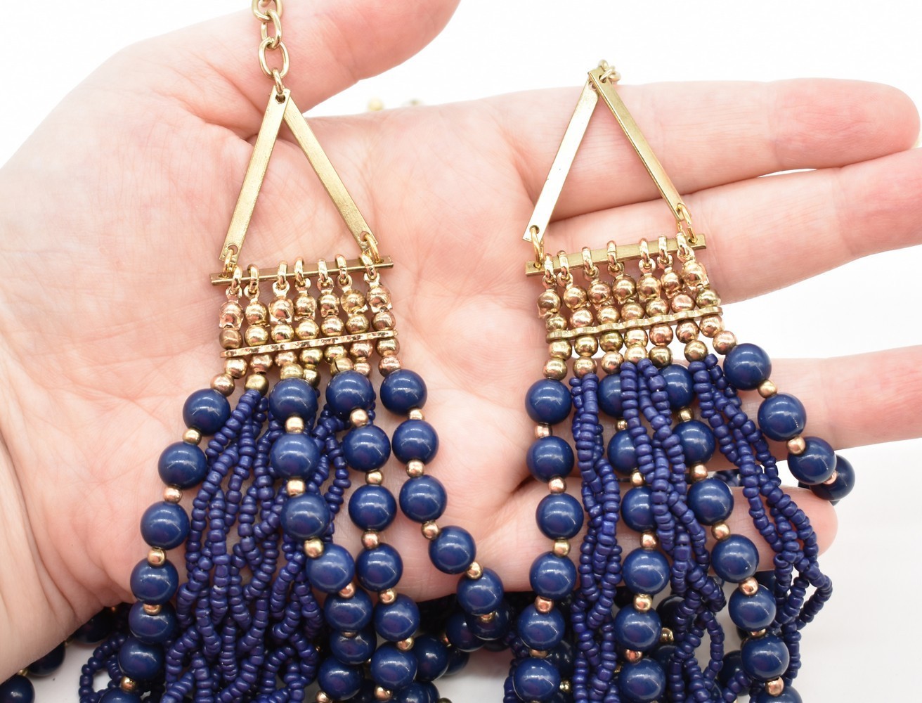 Gold-P Multi-strand Slate Blue Bead & Braided Navy Seed Bead Chain Bib Necklace