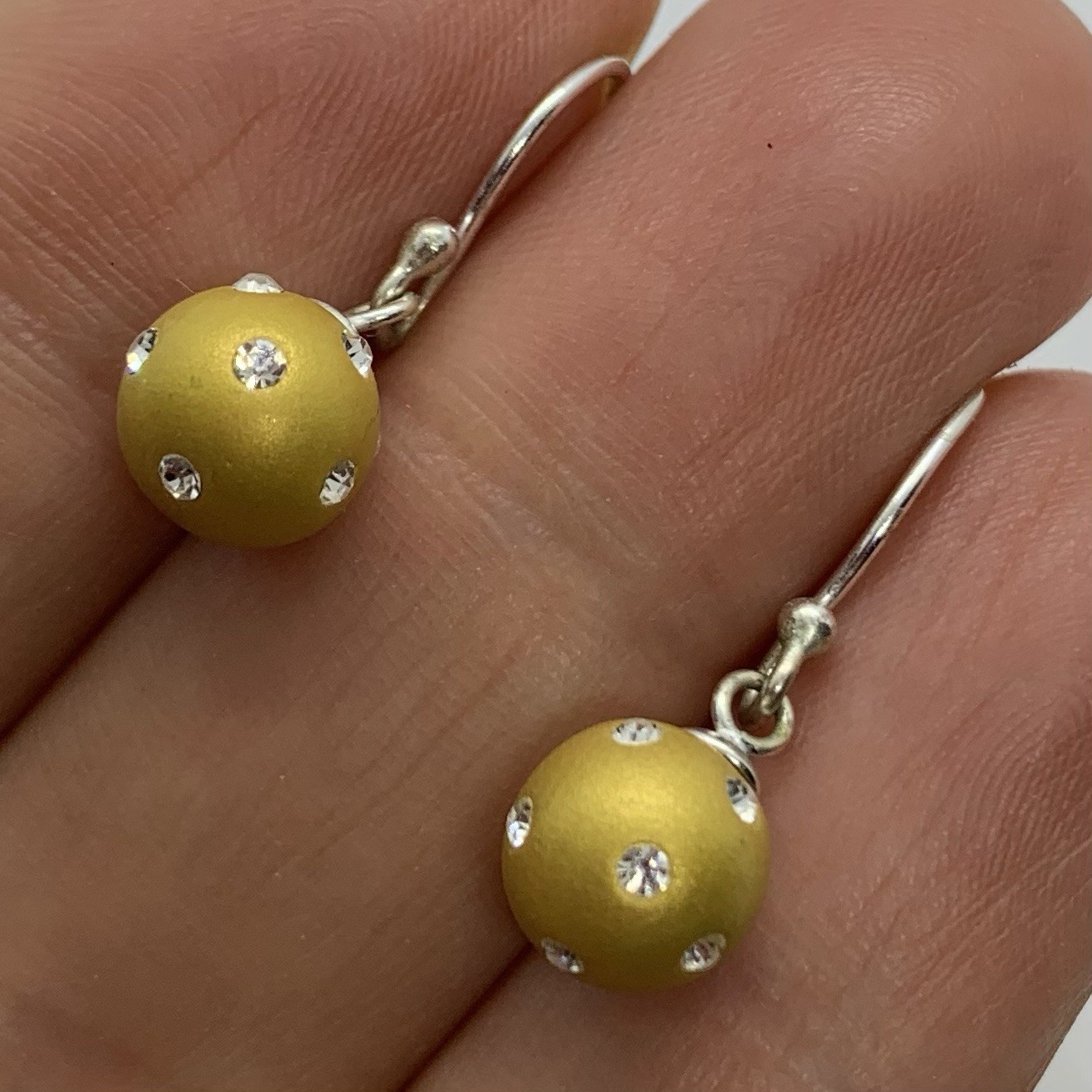 Vtg Matte Gold Pave Crystal Ball Orb Bead Petite Dangle Earrings Hook