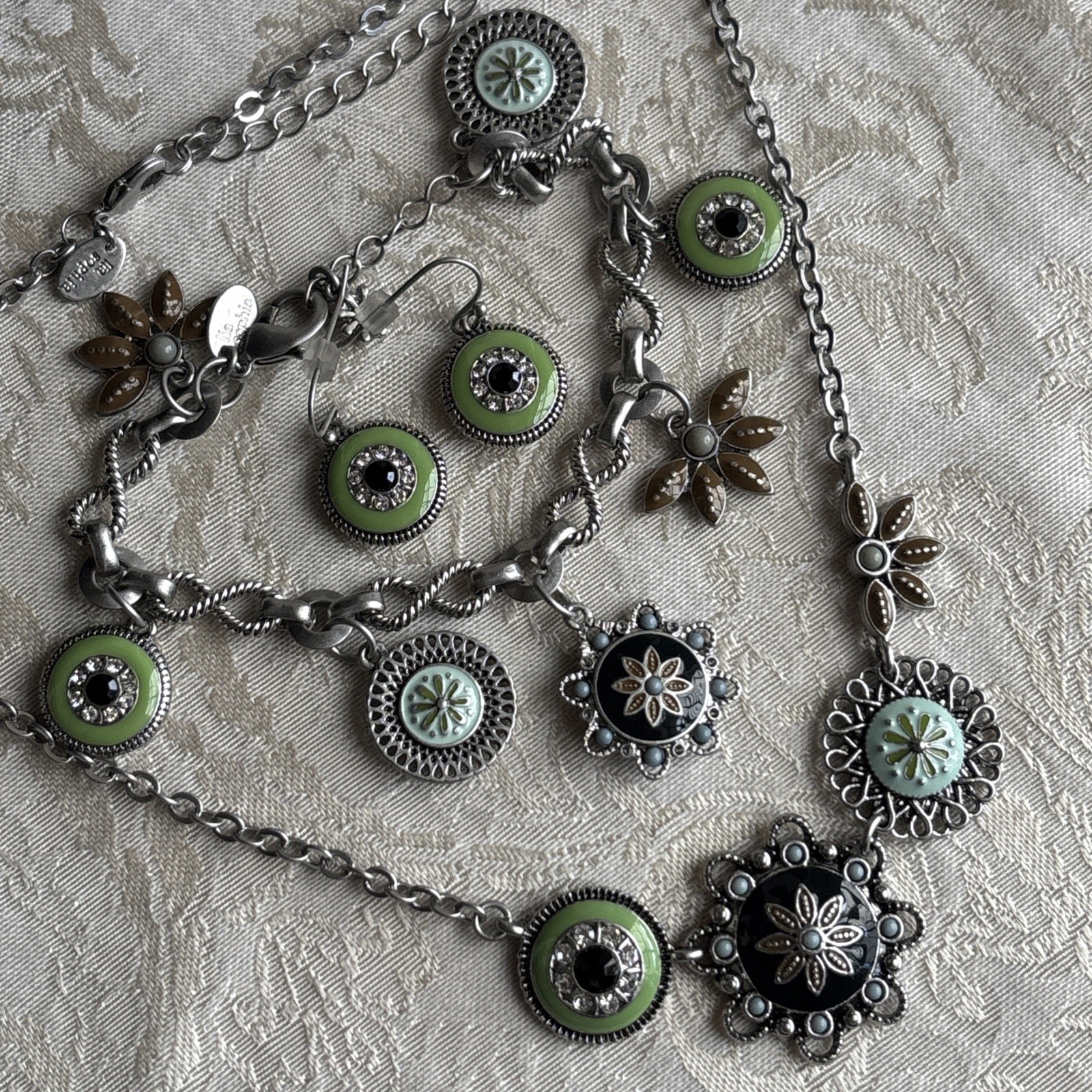 Lia Sophia Botanica Necklace Earrings Bracelet Satin Matte Antique Silver Tone