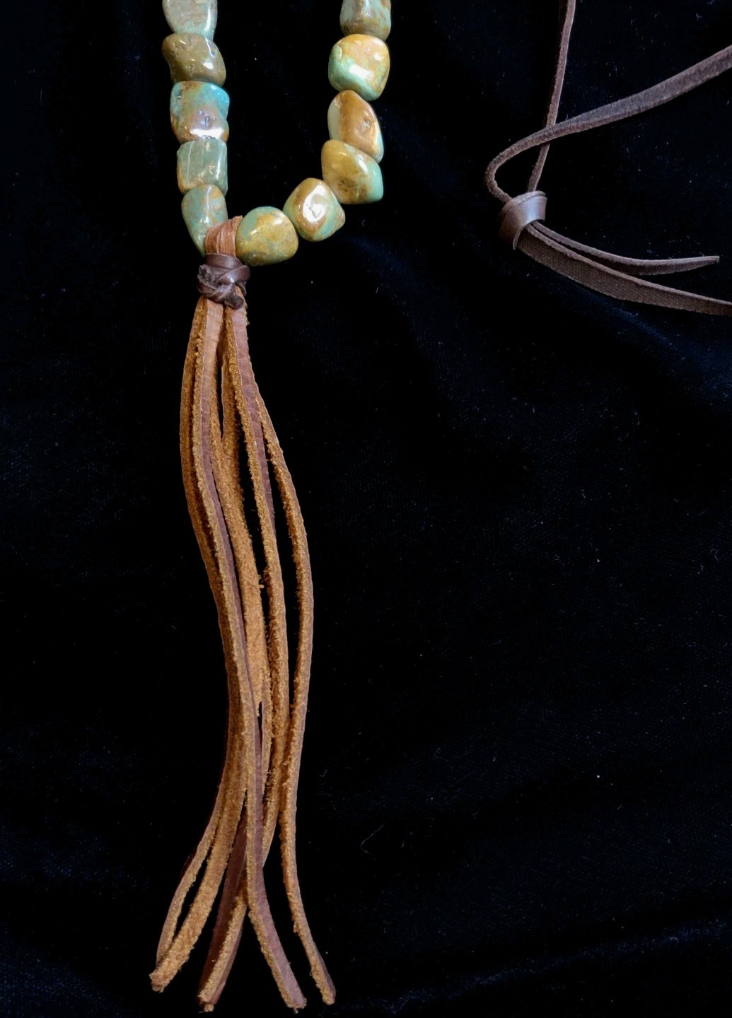 Stone Nugget Necklace Blue Green Brown Matrix Leather Tassel Rustic Boho Long