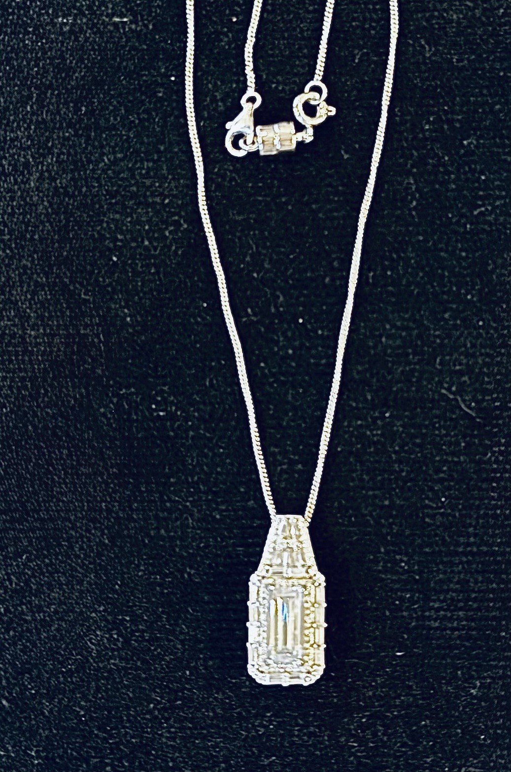 Sterling silver Chain Necklace w/ Rectangle Baguette Clear Moissanite pendant.