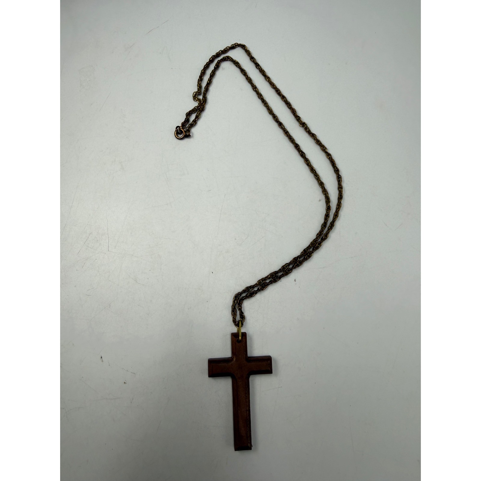 Vintage Carved Wood Cross Pendant Necklace Bronze Tone Rope Chain Religious