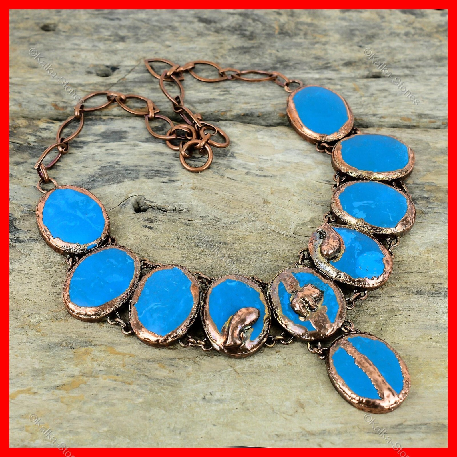 Oval Sleeping Beauty Turquoise Stone Copper Electroformed Chain Necklace Jewelry