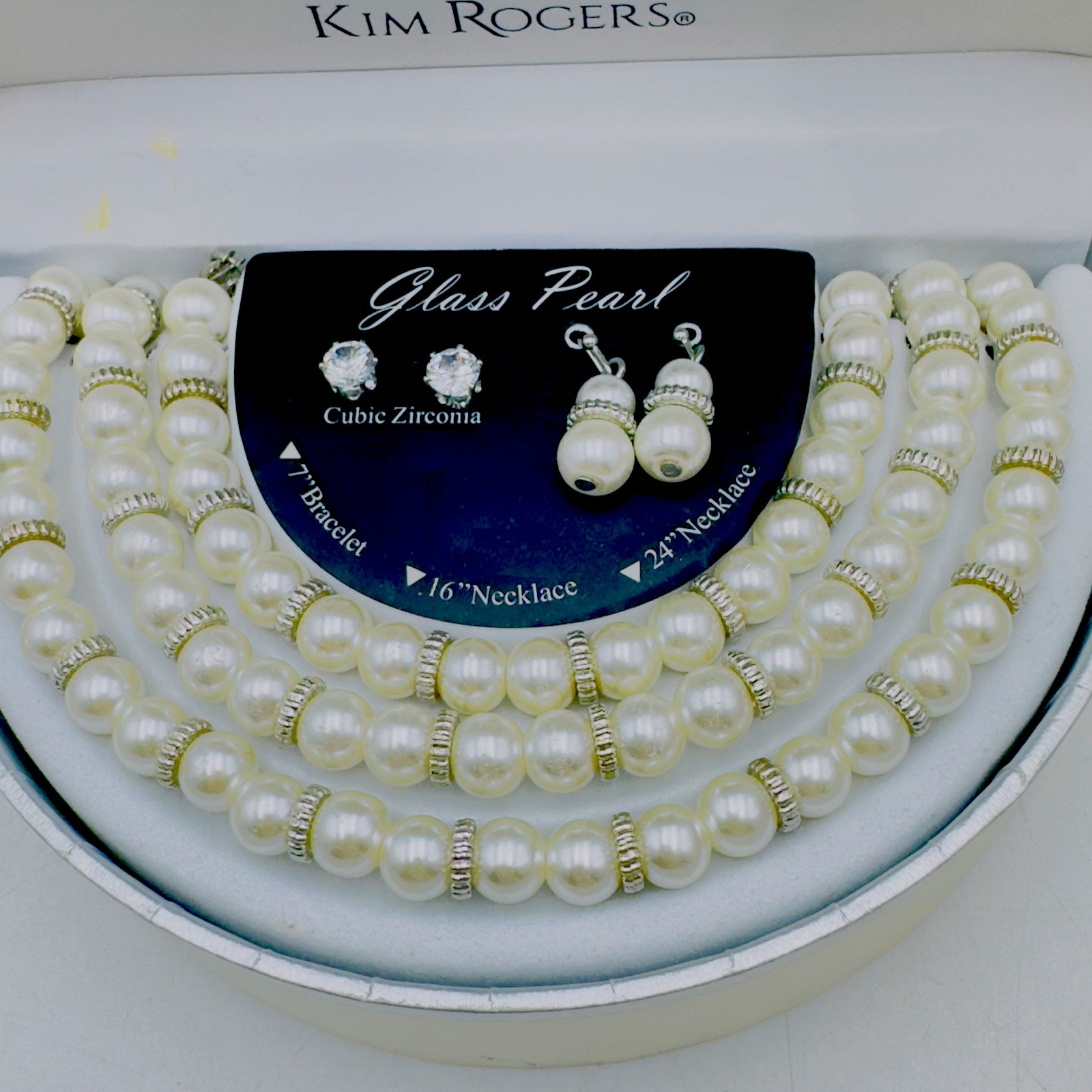 Kim Rogers Necklace Bracelet Earrings 5p Jewelry Set Cubic Zirconia Glass Pearls