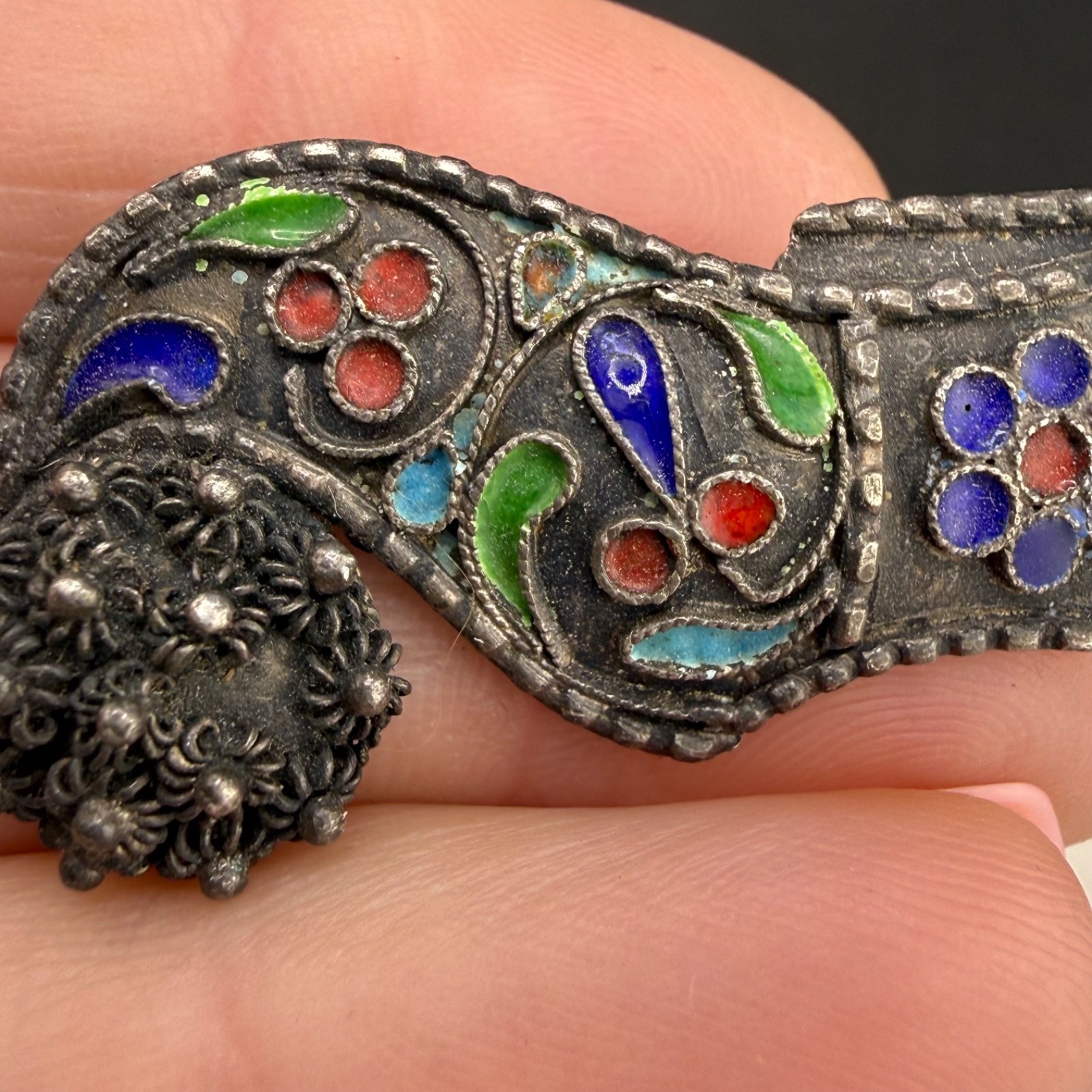 Vintage Chinese Export Enamel Shoe Brooch Silver Tone