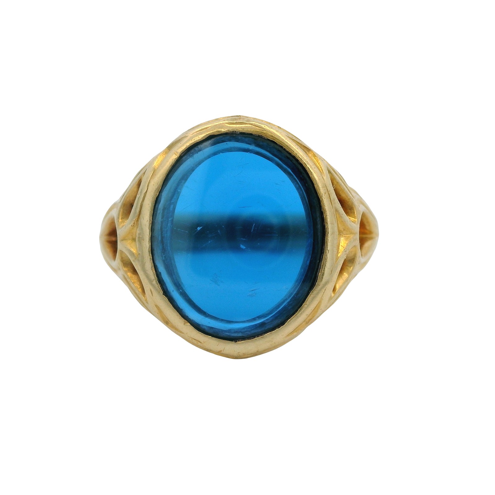 Vintage 1980s 14kt Yellow Gold Etruscan Style Ring with Blue Lab Spinel Size 10