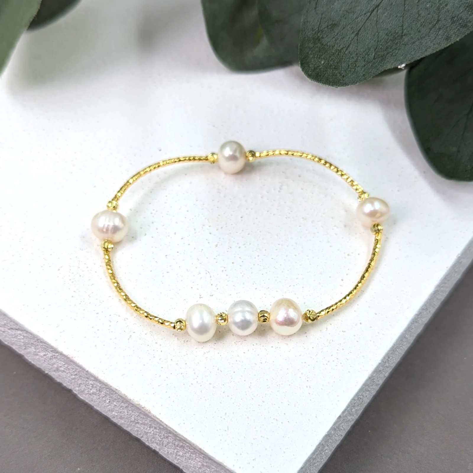 Real Pearl Bracelet Fine Stretchy Gold Tube