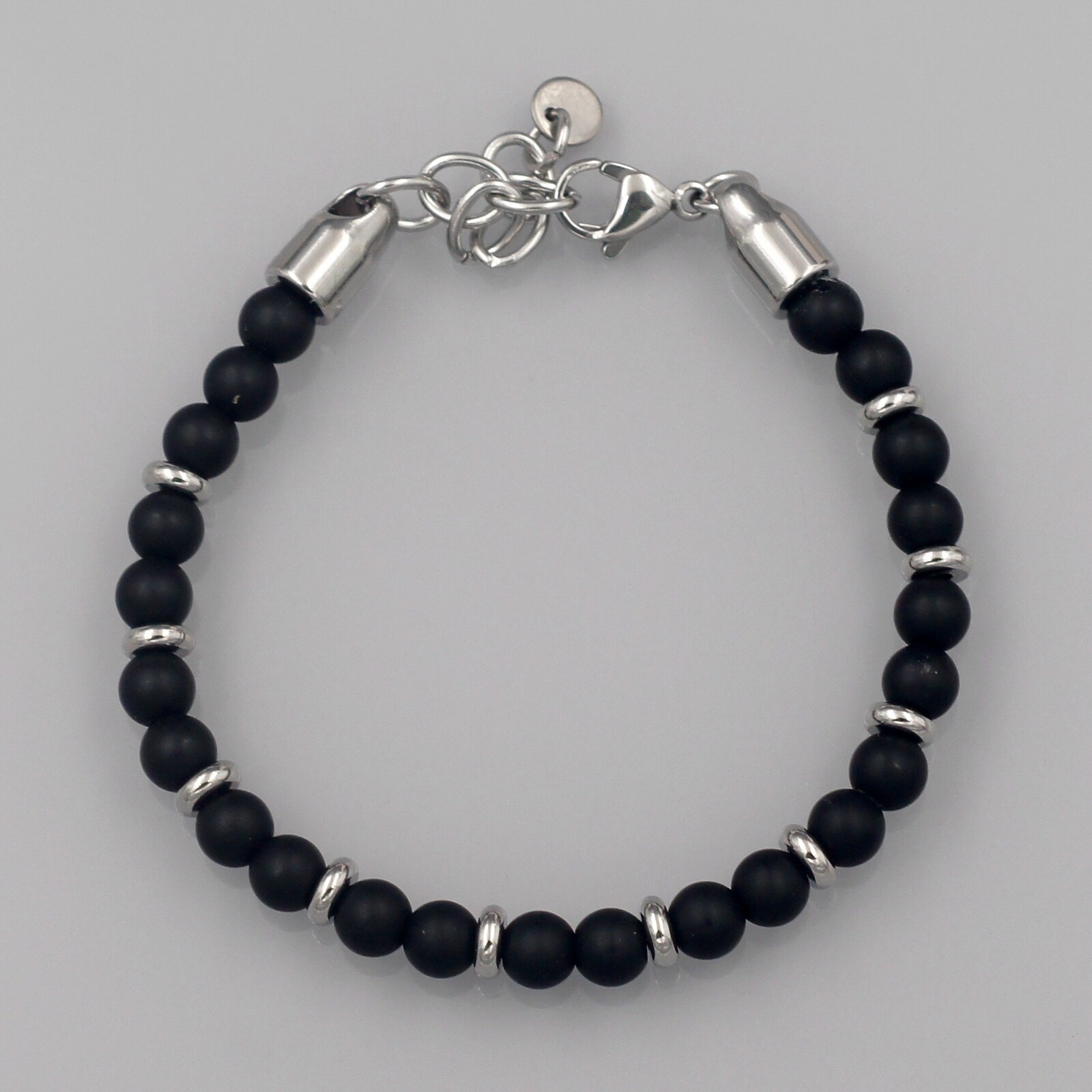 Men Black Agate Natural Frosted Stone Stainless Steel Chain Bangle Bracelet 151