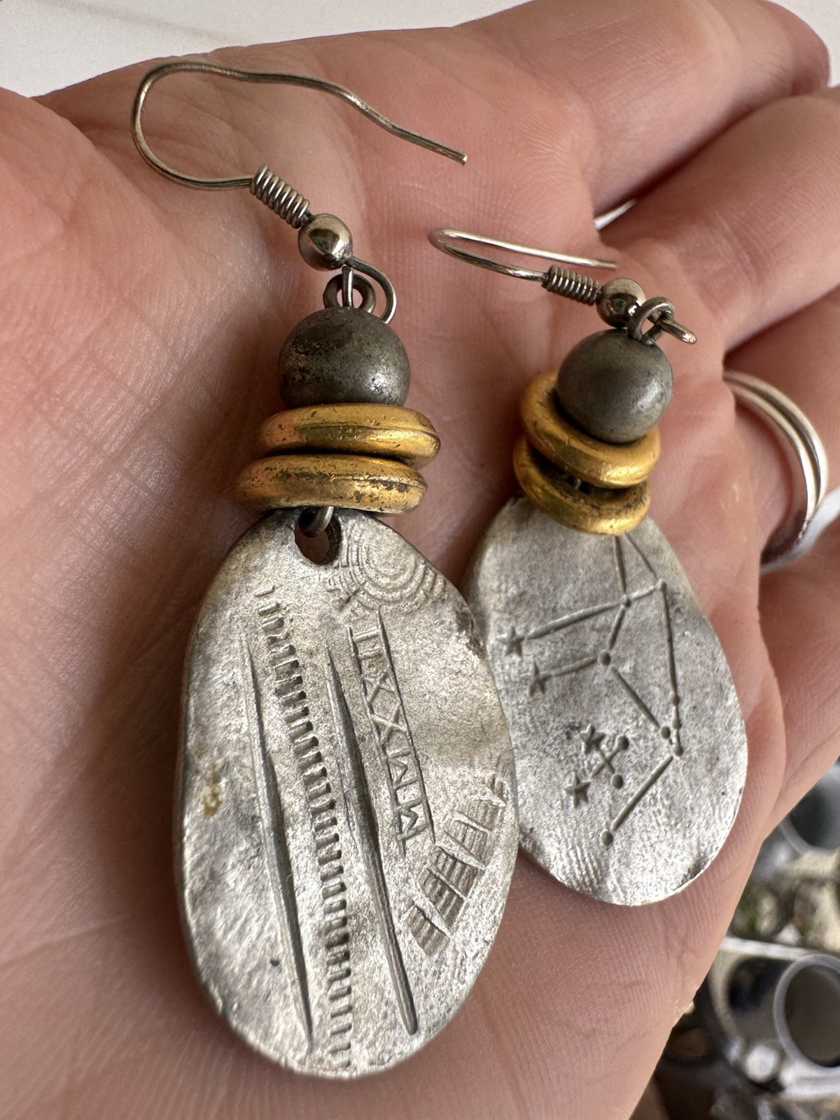 Constellation Astrology Silver Tone Artisan Dangle Earrings Metal & Bead Pierced