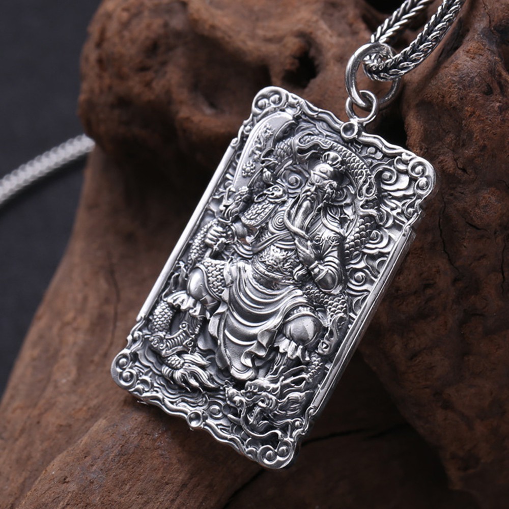 Pure S999 Fine Silver Men Women Dragon Guangong Oblong Pendant 31-32g 55*30mm