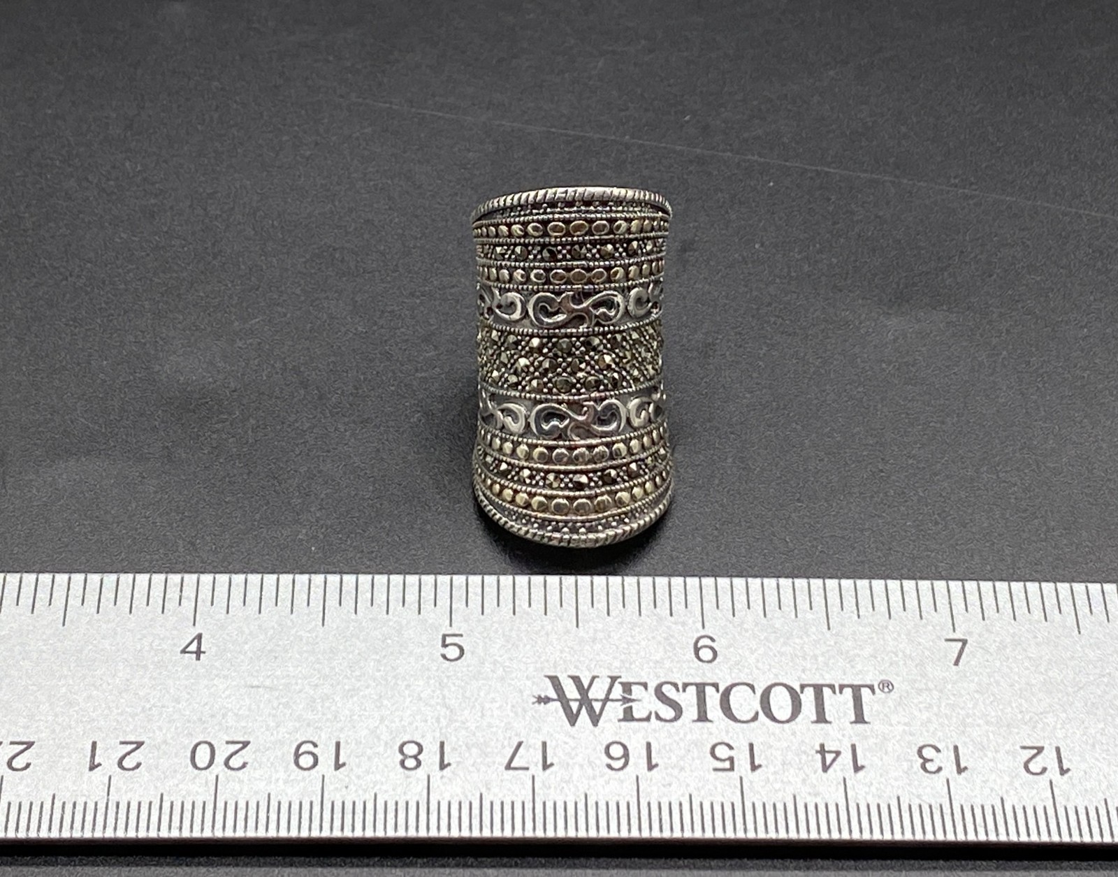 DESIGNER-Sterling Bali Style Tall Concave Marcasite Dotted Scroll Ring-SIZE 6
