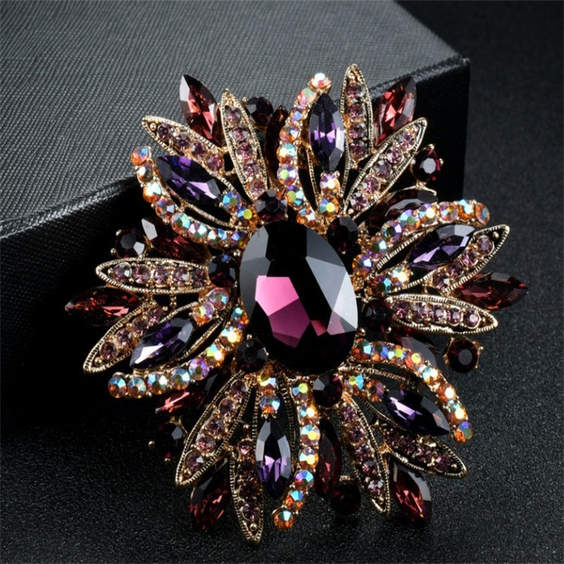 Vintage Style Large Sparkly Purple Flower Brooch Pin with Gemstones