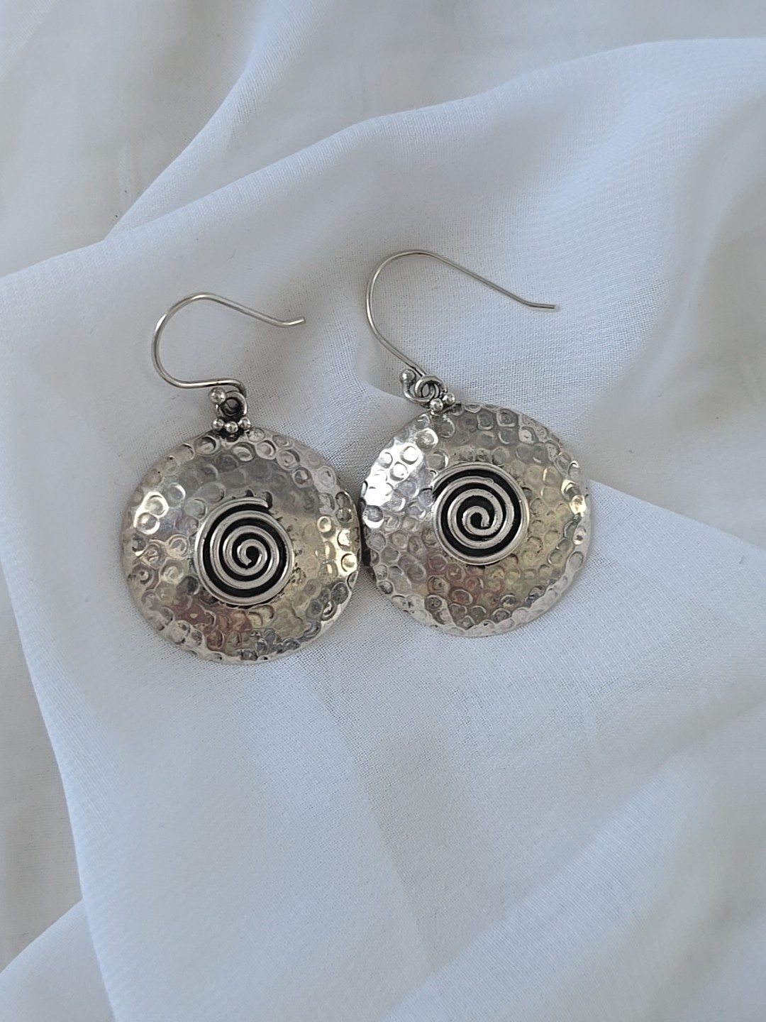 Hammered Spiral Dangle Earrings 925 Sterling Silver