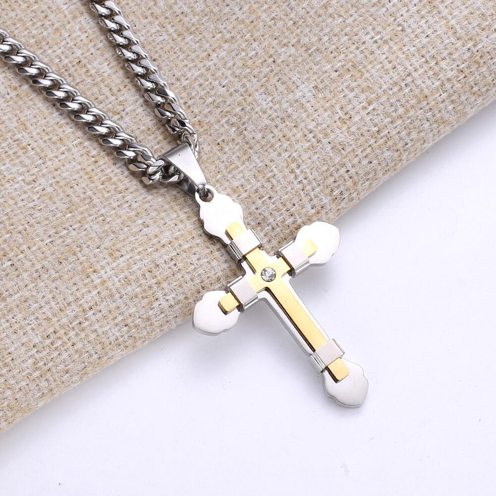 Men Women Stainless Steel Cross Pendant Necklace with CZ 18-34inch 5 Colors