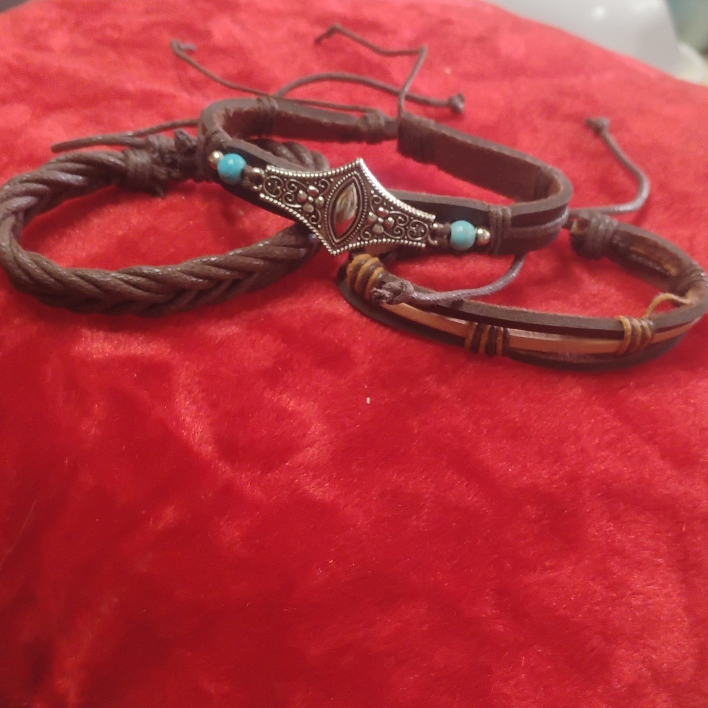 Brown Leather Cord Bracelet Set with Turquoise Beads, Charms, Adjustable