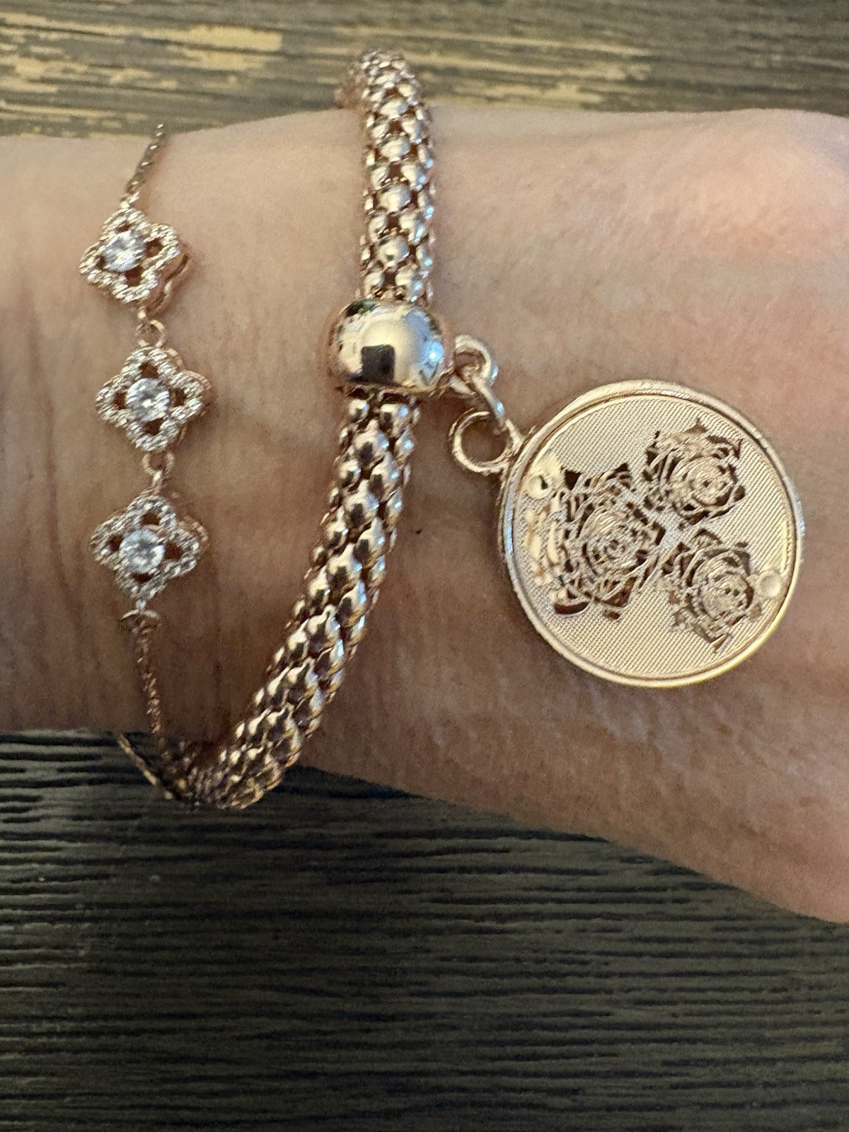 Beautiful 2 rose gold Tone One With CZ bracelets And A Beaded Necklace Set