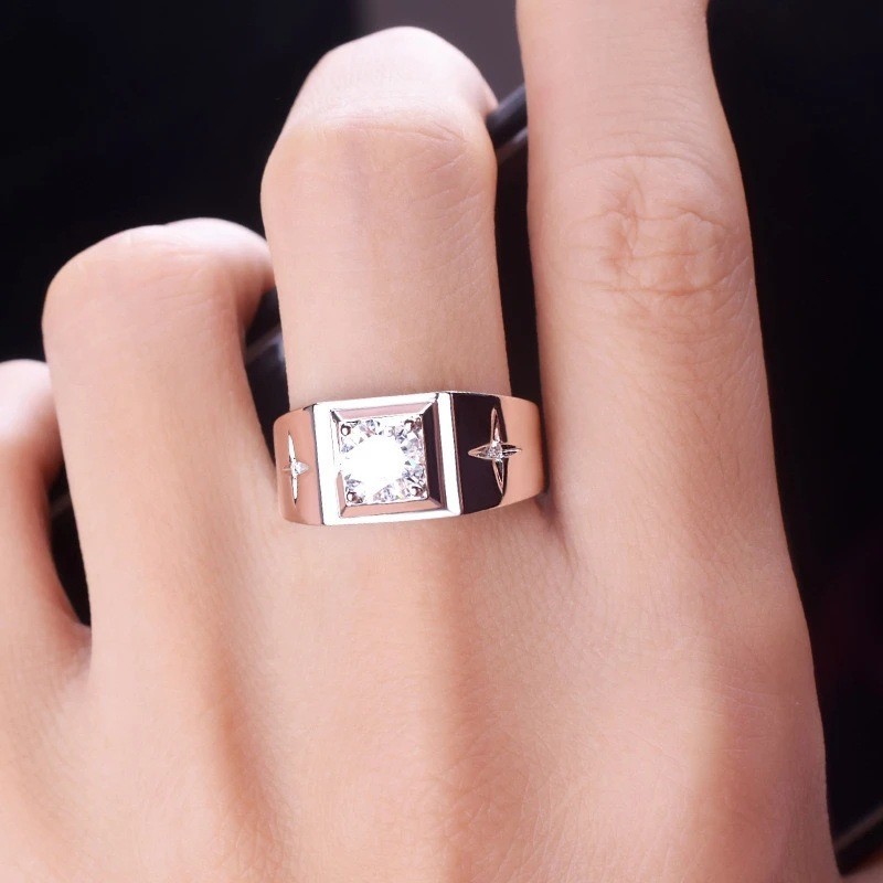 Men’s Zircon Wide Face Adjustable Ring Couple Ring Engagement Ring Opening