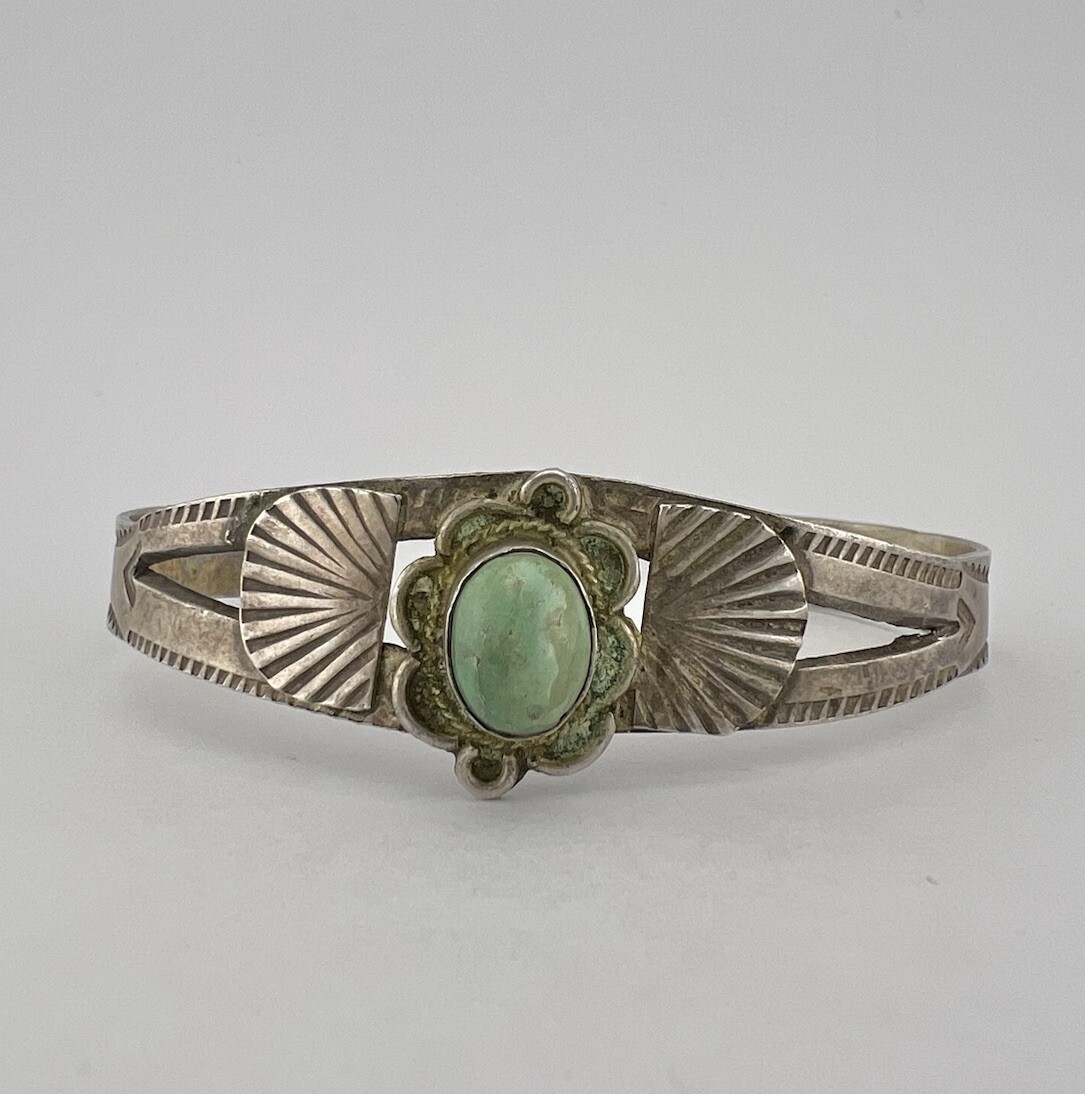 Early Vtg Fred Harvey Navajo Sterling Silver Turquoise Stamped Cuff Bracelet