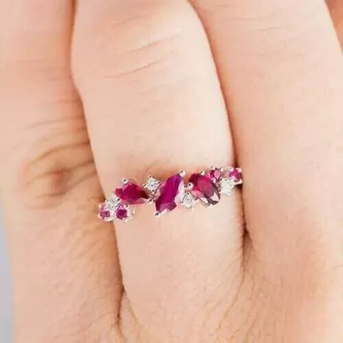 2Ct Marquise Cut Lab-Created Red Ruby Half Eternity Ring 14K White Gold Plated