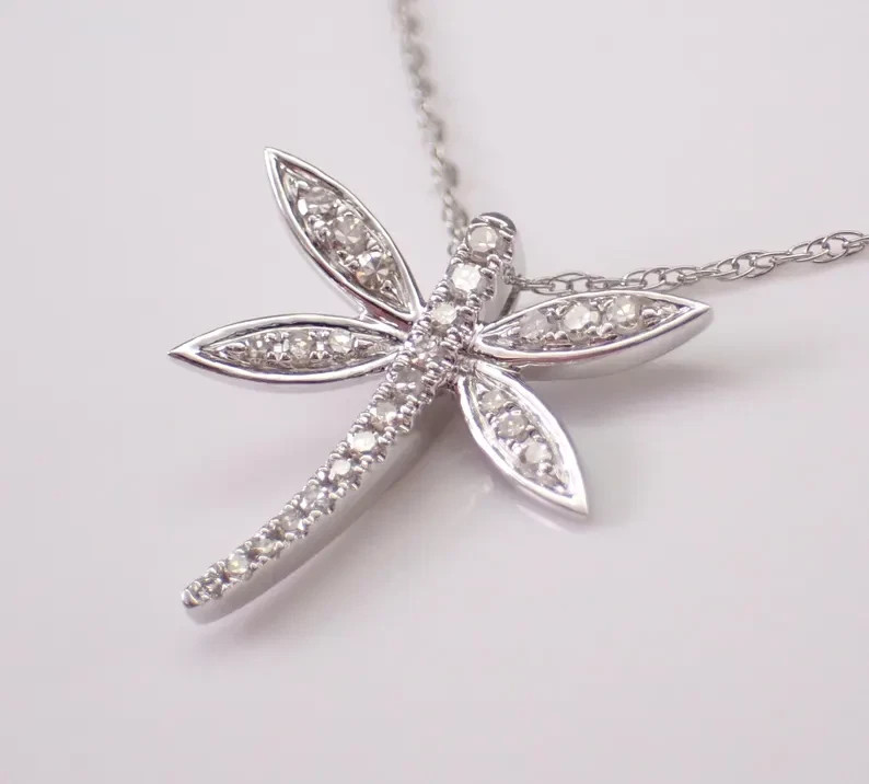 0.12Ct Round Cut Tester Pass Moissanite Dragonfly Pendant 14K White Gold Plated