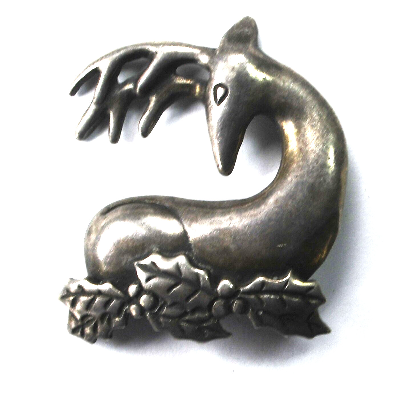 Sterling Silver Deer on Holly Brooch Pin 34mm x 32mm Christmas X-mas Reindeer