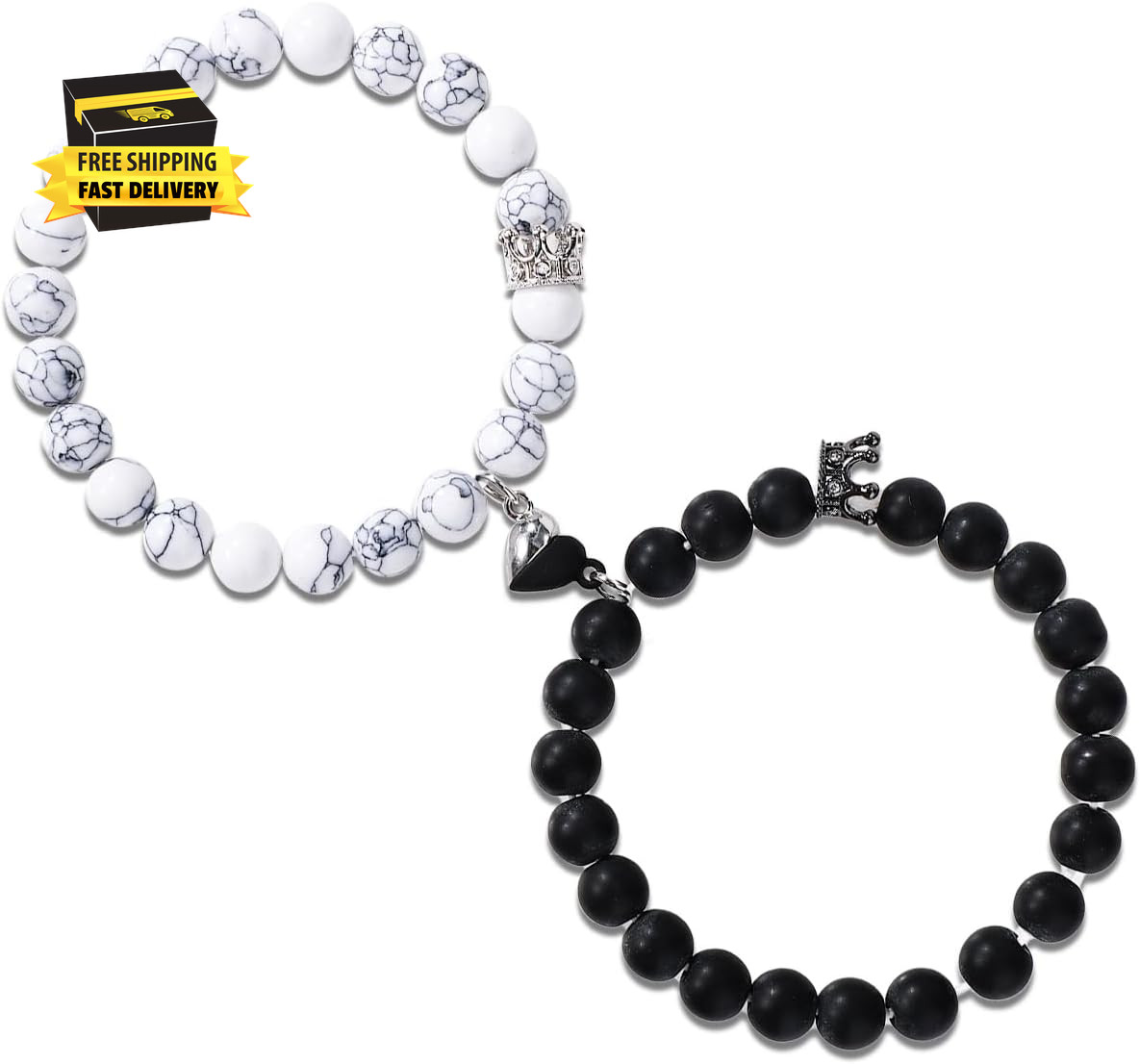 2Pcs Magnetic Couples Bracelets, Love Heart Matching Bracelet King & Queen Crown