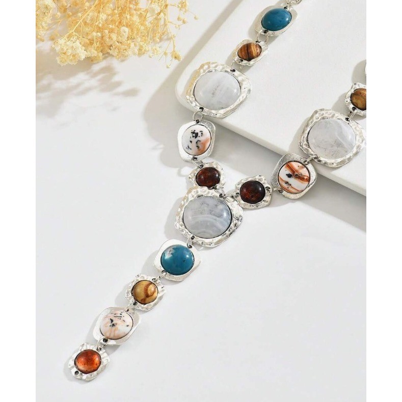 Boho Silver Tone Multi Color Faux Stone Y-Drop Statement Necklace Hammered Metal