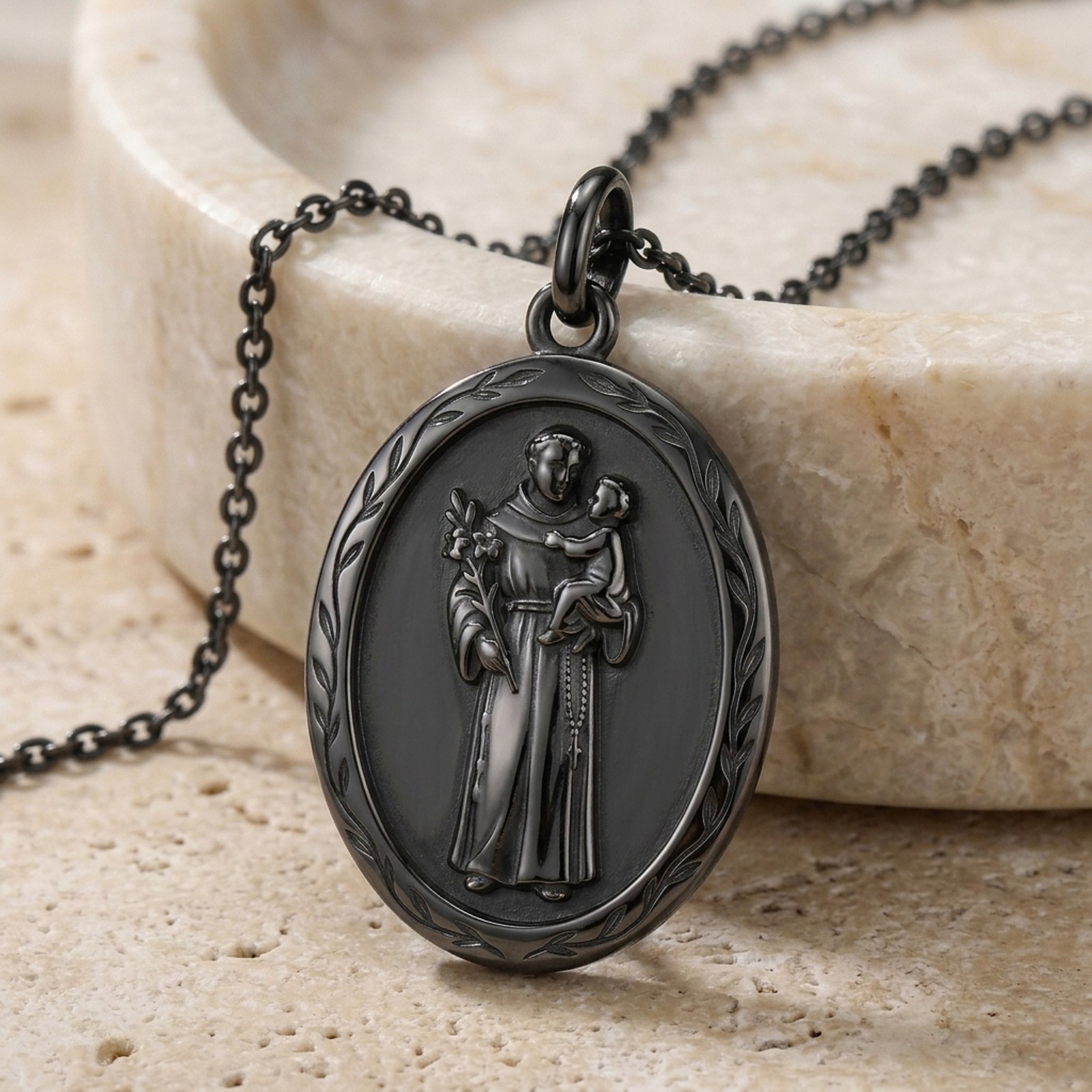 ArtemisSilver Saint Anthony Medal Necklace Oxidized 925 Silver Catholic Patron