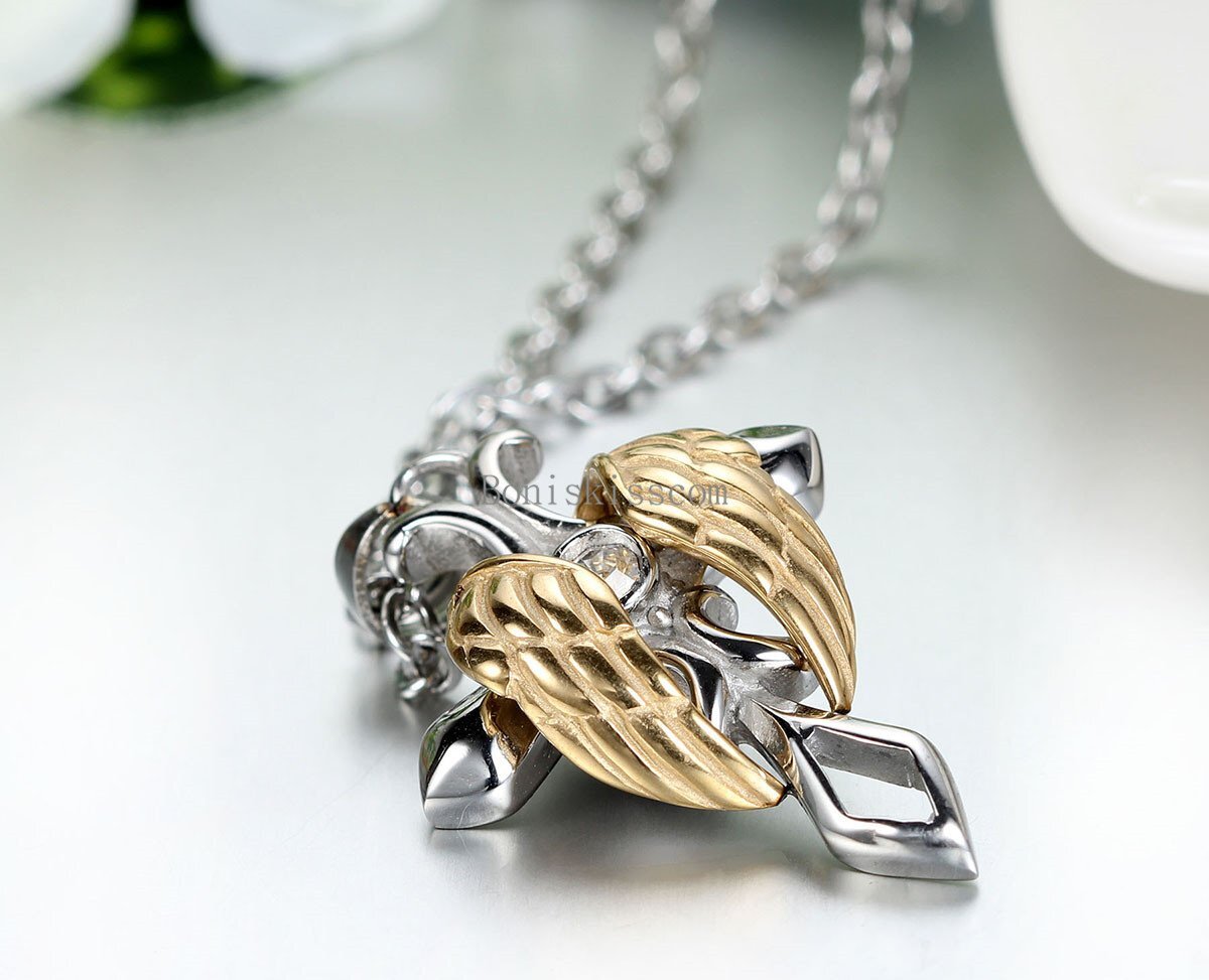Men Women Angel Wing Celtic Cross Rhinestone Stainless Steel Pendant Necklace