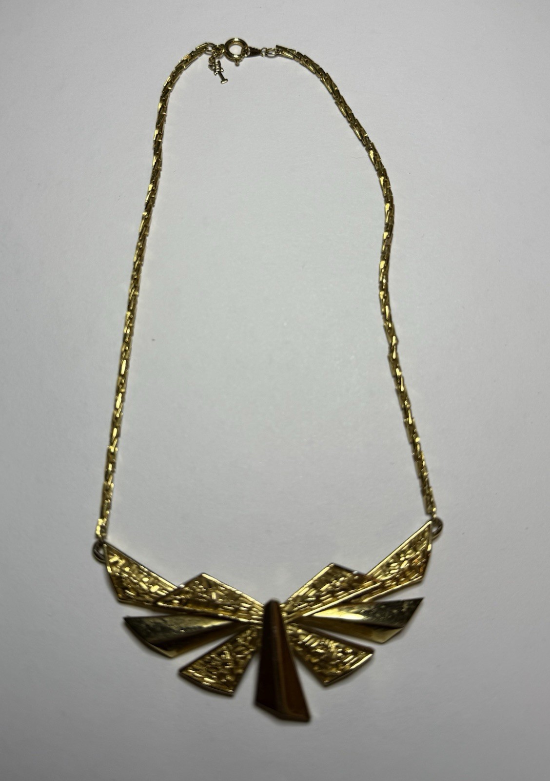 Vintage Crown Trifari Necklace 1950s Gold Tone Enamel Geometric Bib Collar MCM