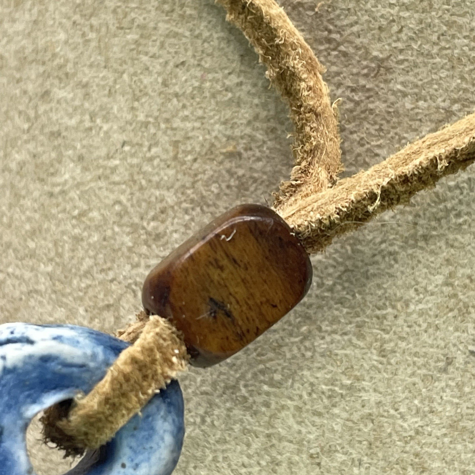1970s Vintage Cermic Charm necklace Stone Bead Leather Cord Approx 24” Handmade