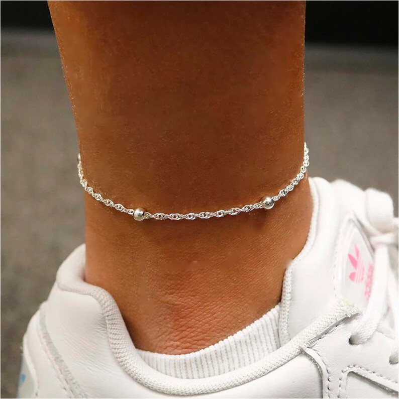 925 Sterling Silver 2MM DIAMOND CUT Beaded Singapore Anklet Chain 9″ or 10″