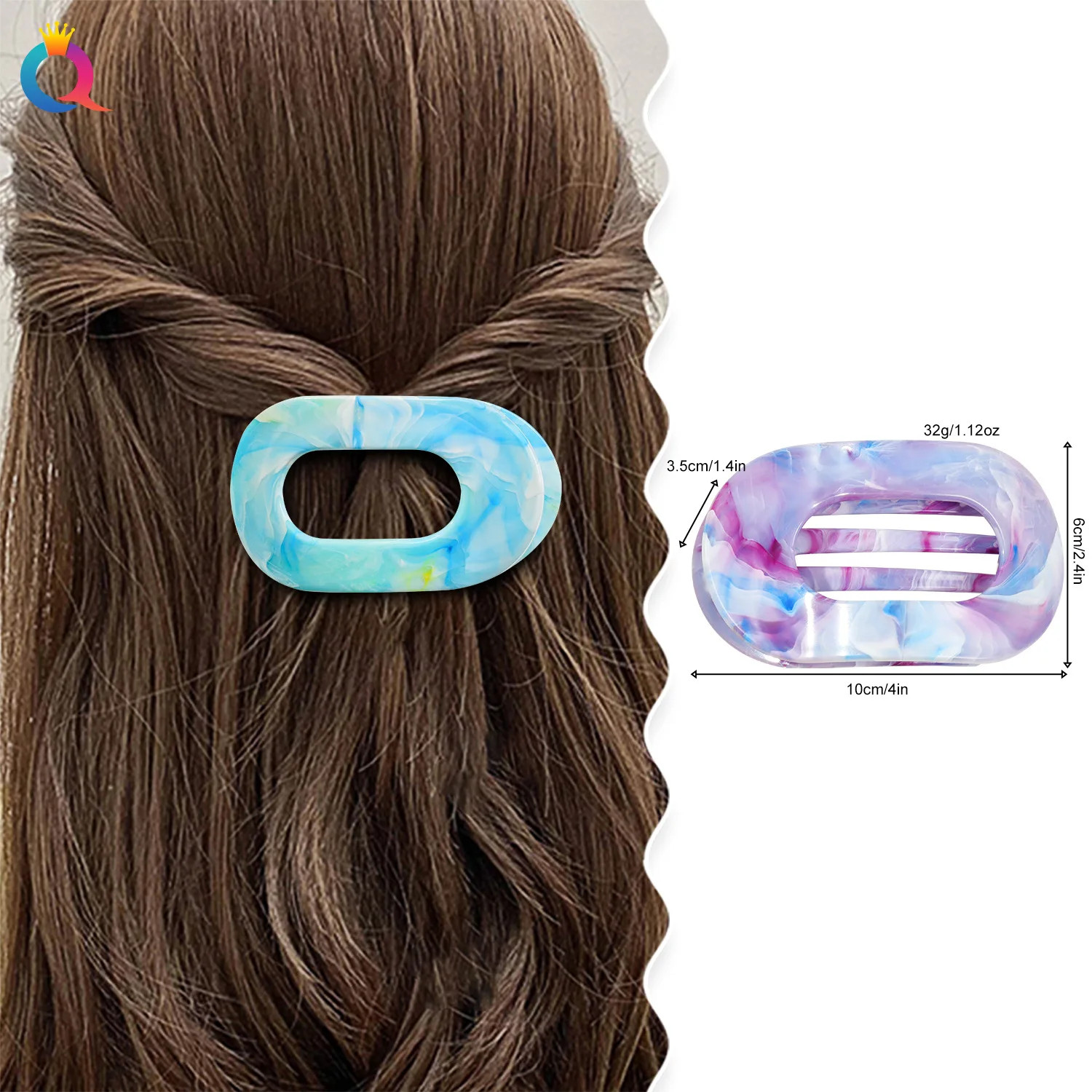 Oval Hair Claw Acrylic Marbling Flat Circular Grip Colorful Updo Women Headwear