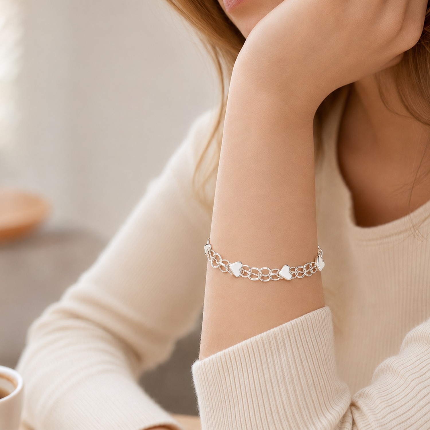 Beautiful Double‑Chain Love Heart Link Bracelet Silver for Women Jewelry Girls