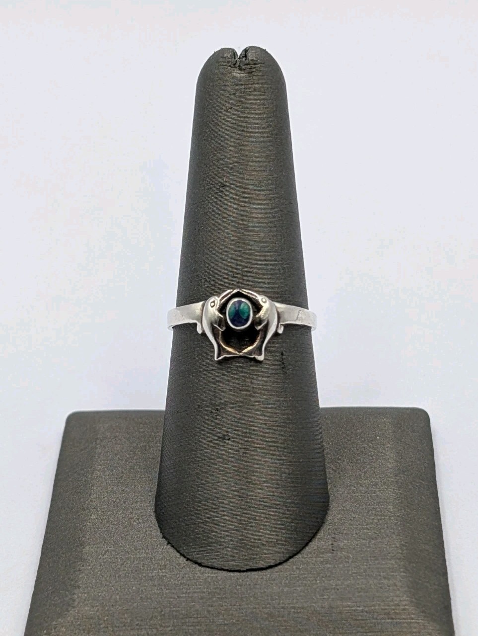 Peter Stone PSCL Vtg Sterling Silver Oval Azurite Double Dolphin 925 Ring Sz 7.5
