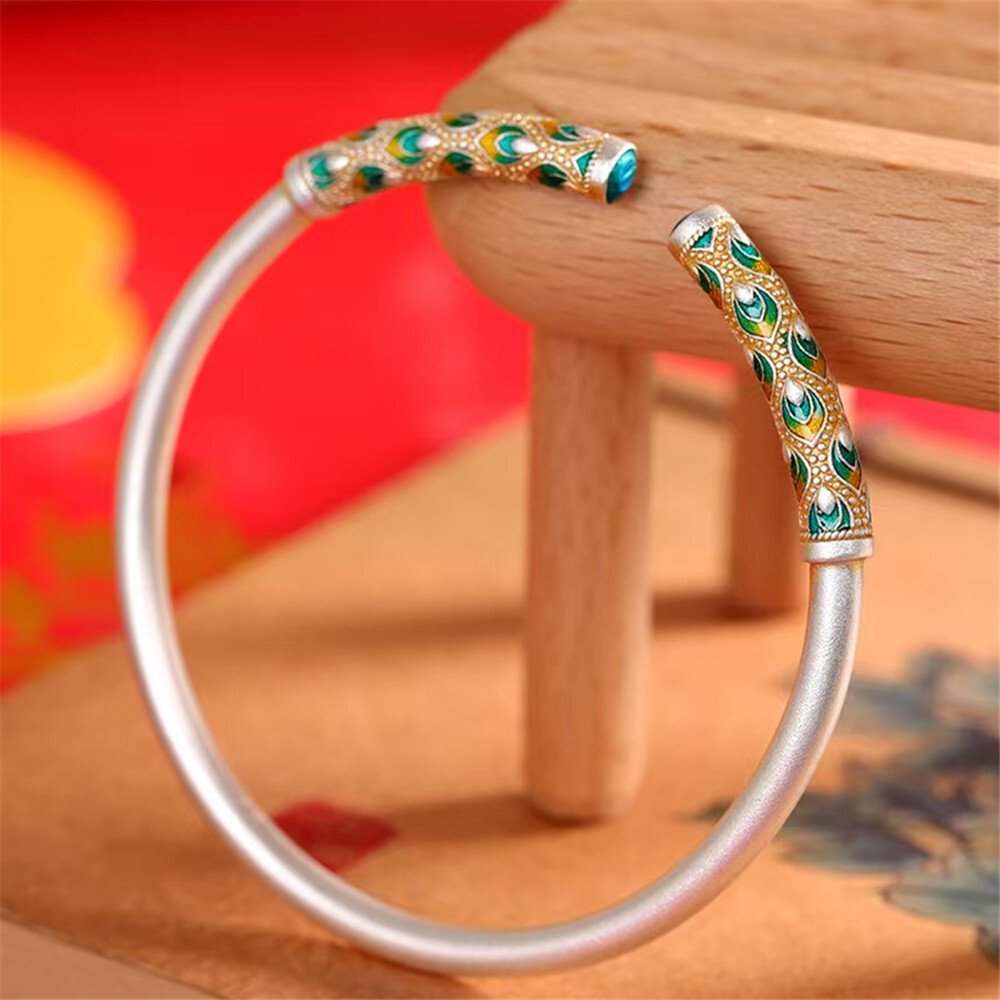 real S999 Fine Silver Bracelet Enamel 4mm Peacock Open Bangle 26-27g ID:57mm