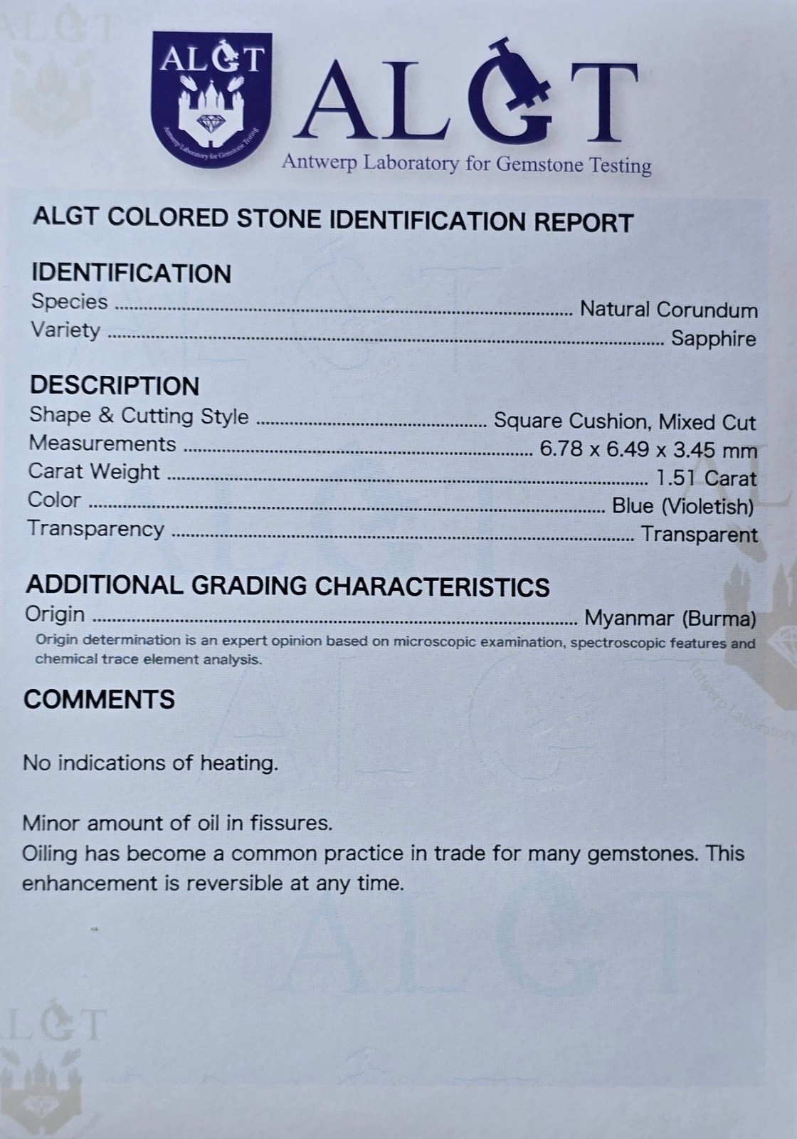 Natural Burma No Heat Blue Sapphire 1.51ct Cushion Cut ALGT Certified