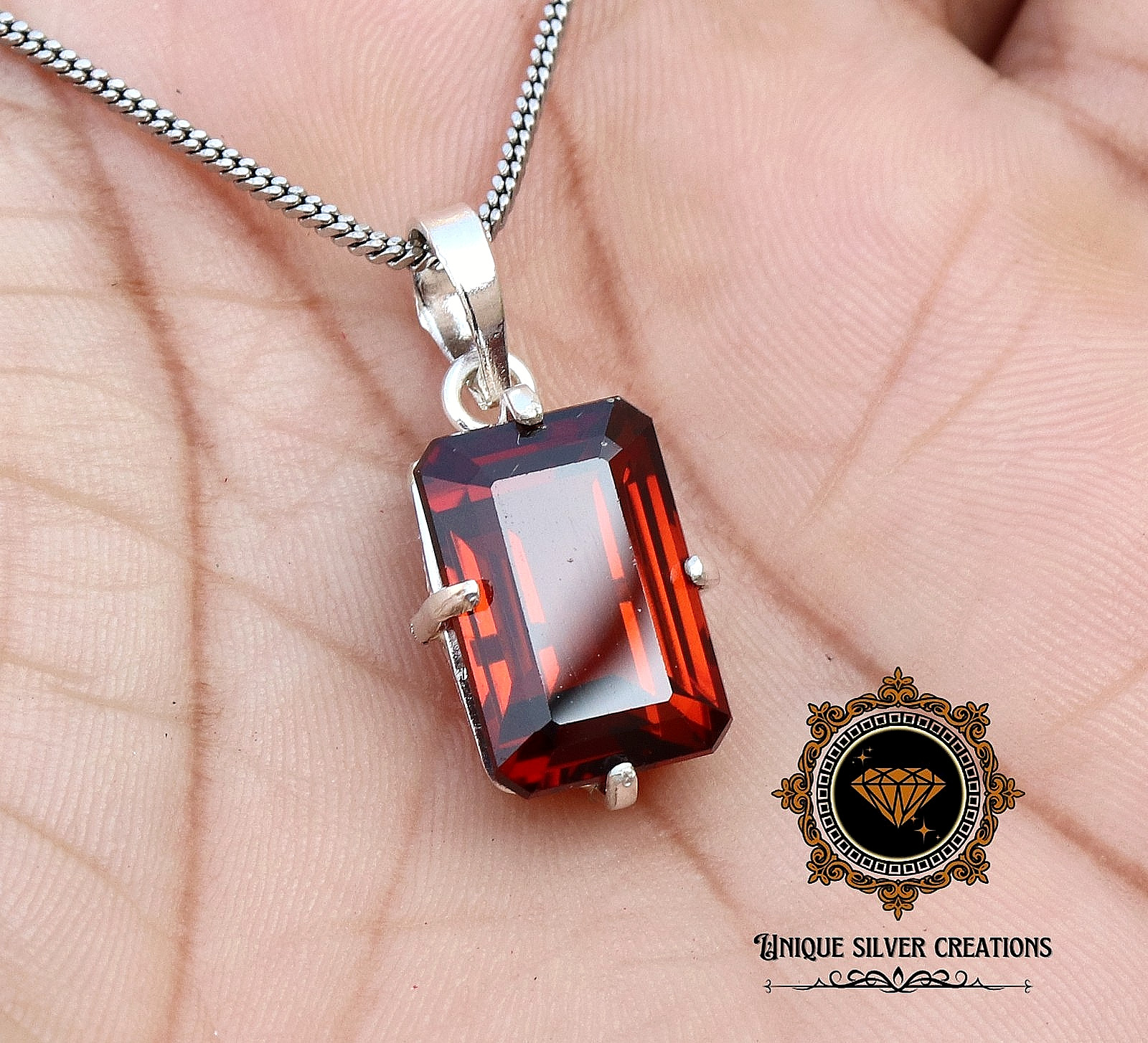 Natural Hessonite Garnet 925 Silver Pendant Certified Emerald Cut Loose Gemstone