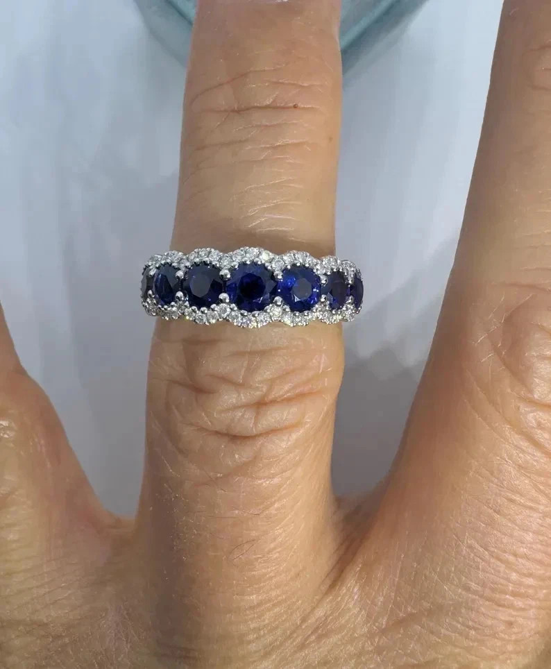 3.50 Ct Round Natural Sapphire Diamond Anniversary Ring 14K Solid White Gold 6
