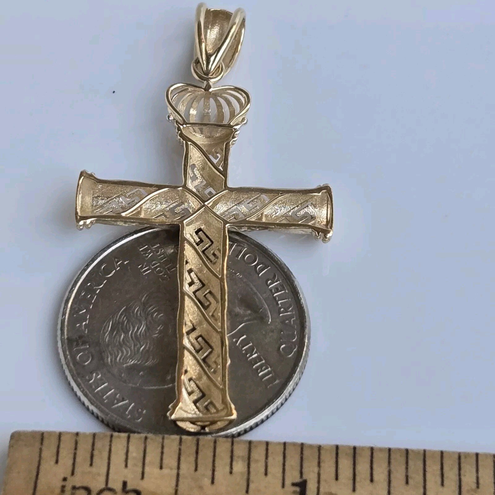 10k Gold Crown Cross Pendant Charm 1.95 inches long Medium Catholic Greek Key
