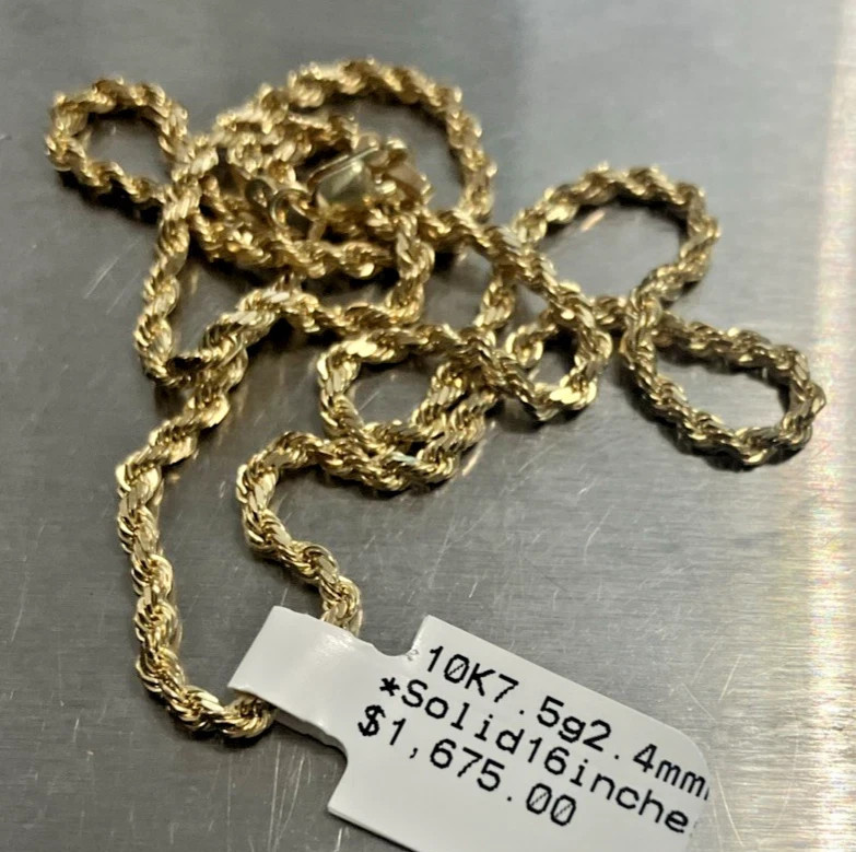 10kt Real Solid Gold Rope Chain Necklace 7.5grams 2.45mm 16” GND Brand NWT 10K