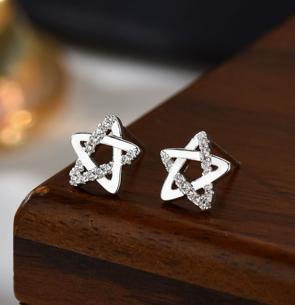 Shiny Silver Plated CZ Inlay Twisted Hollow Star Stud Earrings Birthday Gift