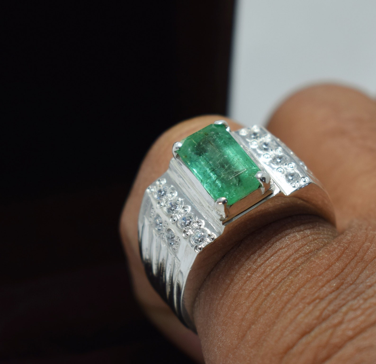 Emerald Ring: Natural Esmeralda, Sterling Silver & Zircon