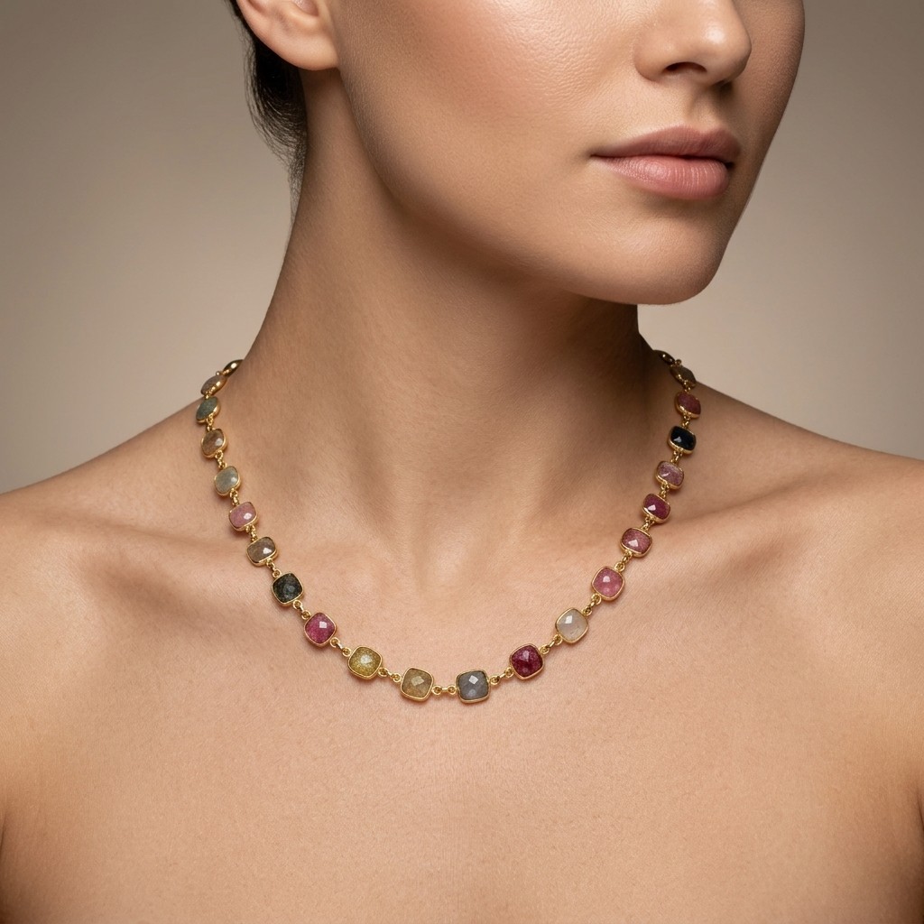 Multi Sapphire Bezel Setting Cushion Gold Plated Necklace Sapphire Necklace