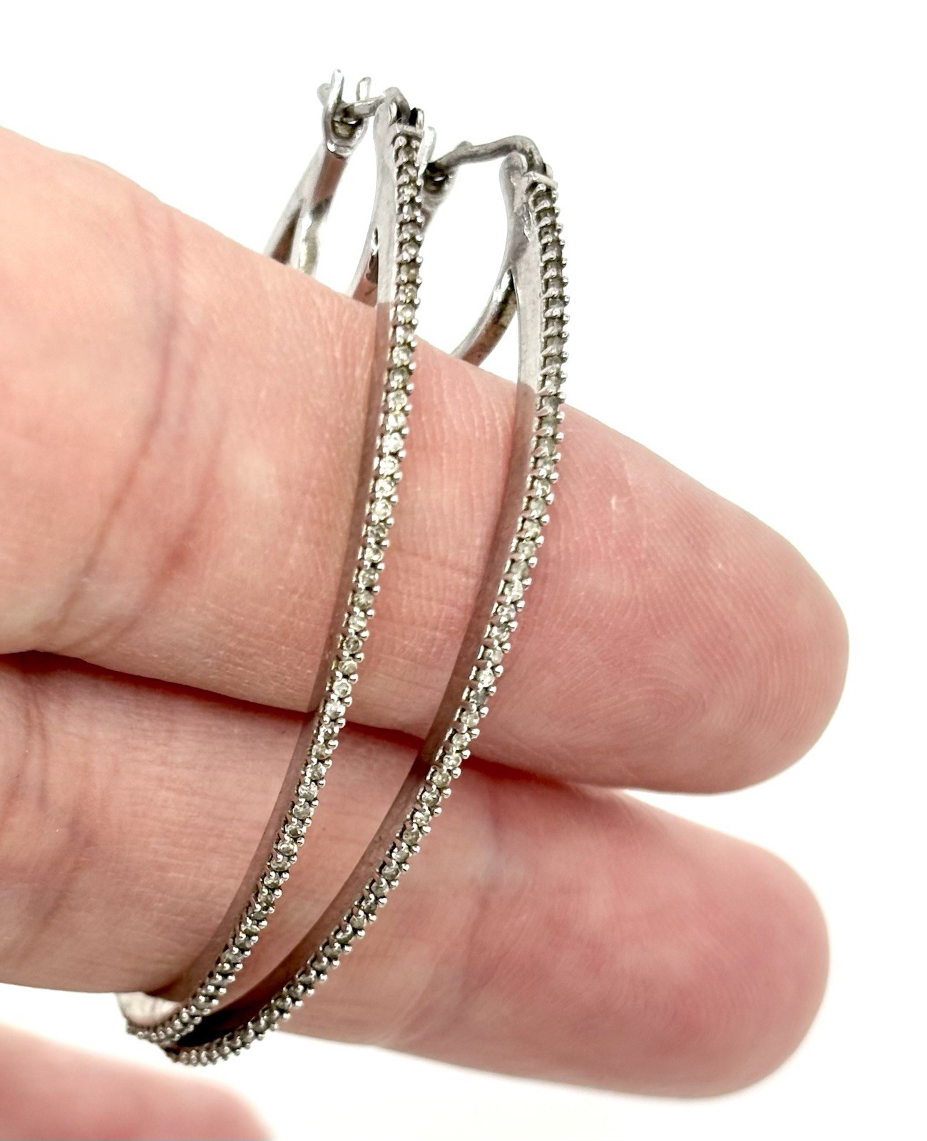 Large Sterling Silver Hoop Earrings w/ Diamond Accents Melee Zales Classic Style